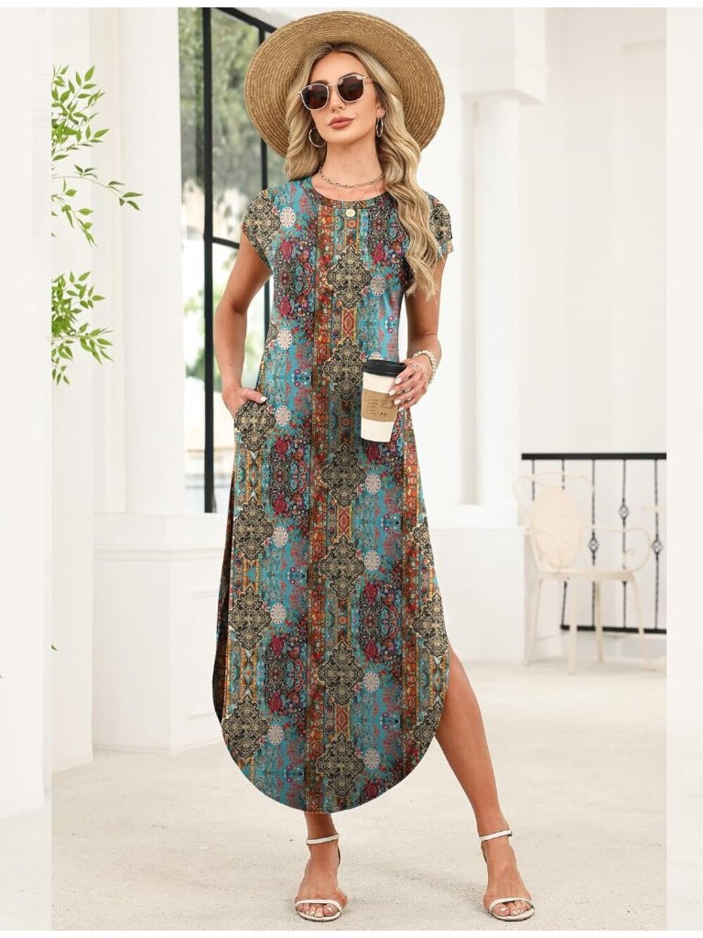 Women's Dark Blue Summer Dress Cap Sleeve Crewneck Maxi Long Casual Beach Dress - Picture 4 of 5
